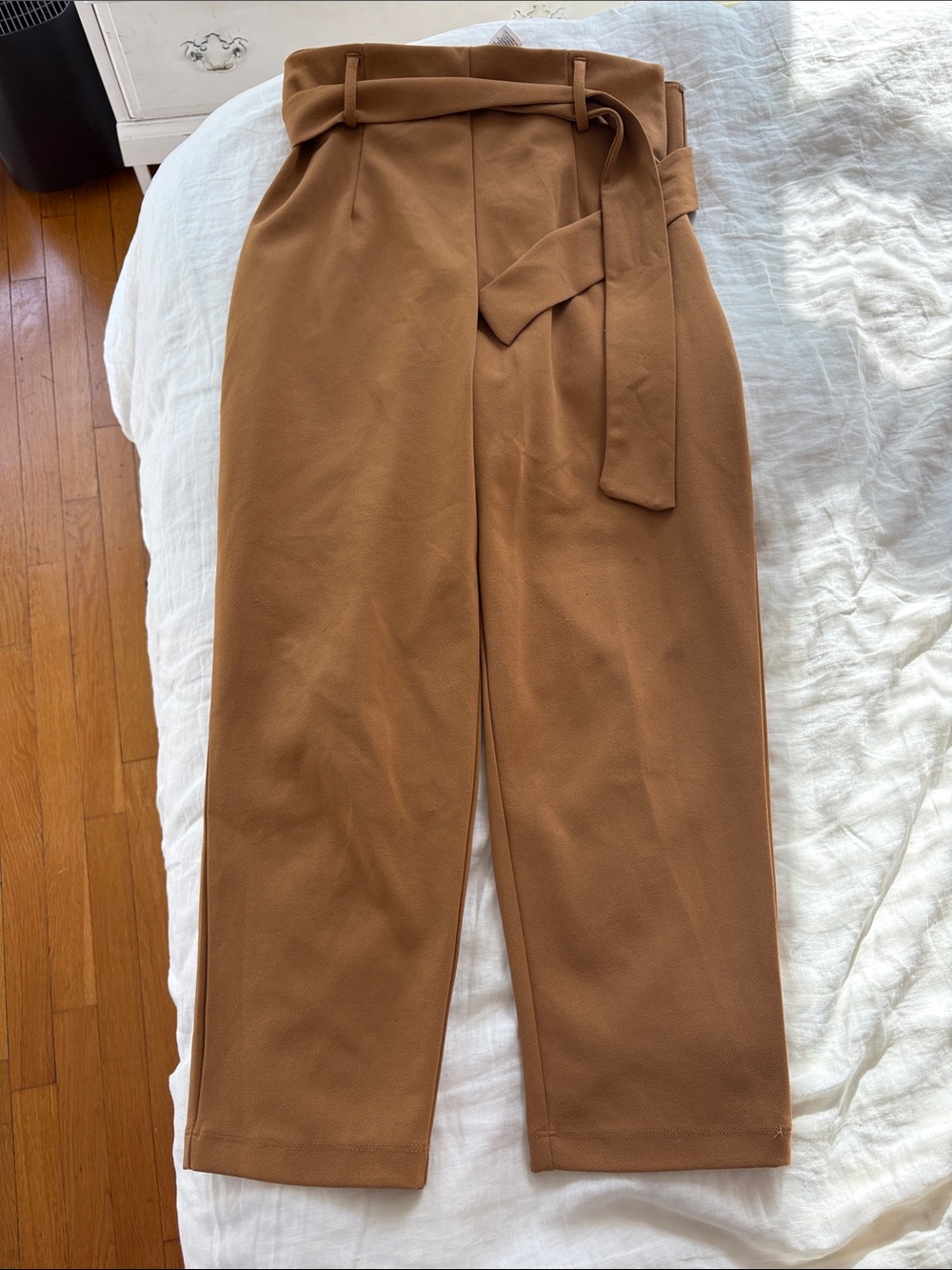 Leith Camel Paperbag Wide-Leg Trousers with Self-Tie Belt
